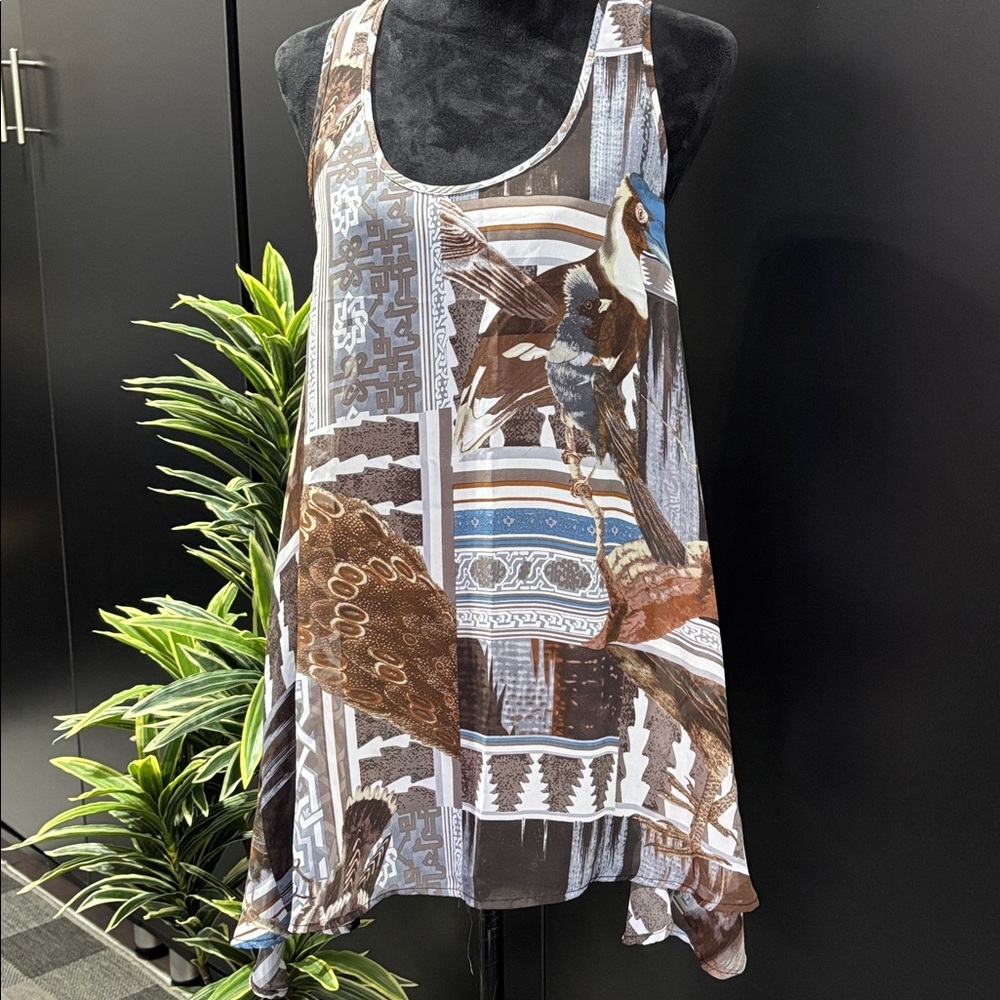 Ali & Kris Sheer Coverup Handkerchief hem,Racerback,Bird/Tree branch print,light